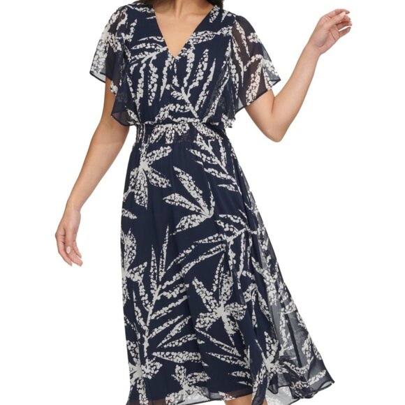 DKNY Printed Chiffon Flutter-Sleeve Midi Dress | Navy/Ivory | NWT | Size 2 - Picture 2 of 7